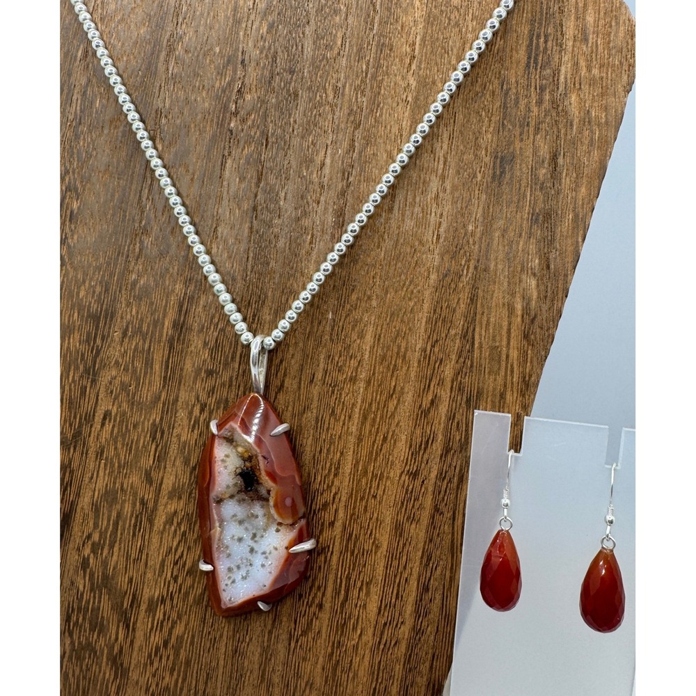 JHR Fine Silver 999 Agate Druzy Geode Pendant Necklace Carnelian Earrings Set
